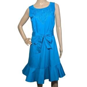 Talbots Turquoise Embroidered Sateen Fit & Flare Tie Waist Dress Size 6p